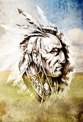Sketch of tattoo art, indian head over cropfield background