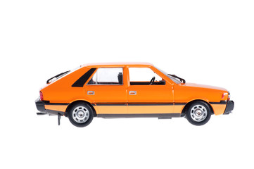 Orange old city car on white background.