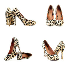 A collage of leopard print shoes with high heels