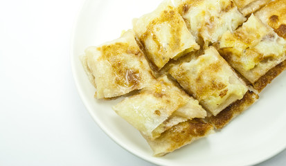 dessert style of fried roti with banana inside in Thailand