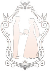 Silhouettes of the bride and groom on a white background