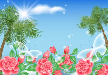 Photo sur Plexiglas Papillon Paysage avec palmiers et papillons