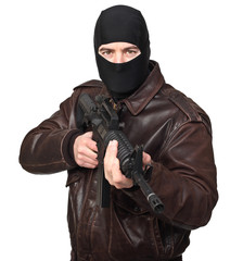  terrorist with balaclava and assault rifle isolated white background