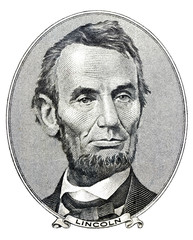 president Abraham Lincoln as he looks on five dollar bill - obrazy, fototapety, plakaty