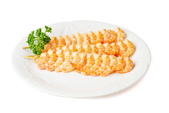 Natural Shrimp Skewers On White Background, Clipping Path