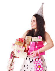Woman holding gift box at birthday party.