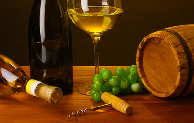 In wine cellar. Composition of wine bottle and runlet
