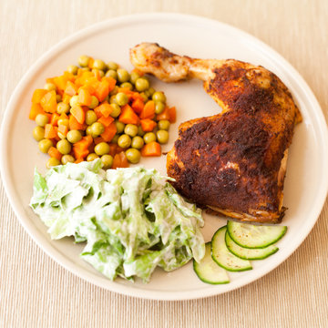 udko kurczak pieczony marchewka groszek sałata obiad