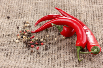 Red hot chili peppers on sackcloth