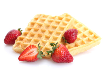 belgium waffles with strawberries isolated on white