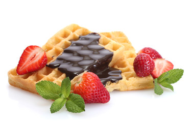belgium waffles with strawberries and mint  isolated on white