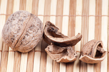 Walnut and some shells on bambo background