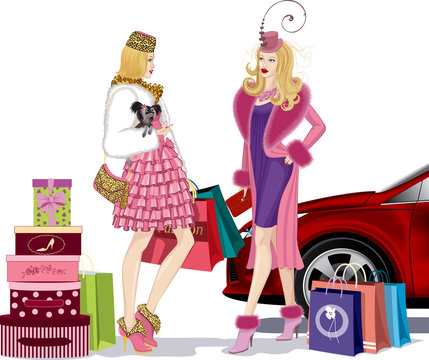 Two nicely dressed girls talking after successful shopping