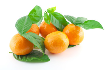 Ripe fresh mandarines with green leaves
