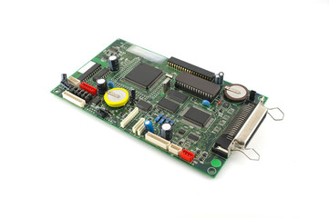 Old electronics circuit board for printer over white