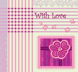 Greeting card with lace in lilac and pink colors.