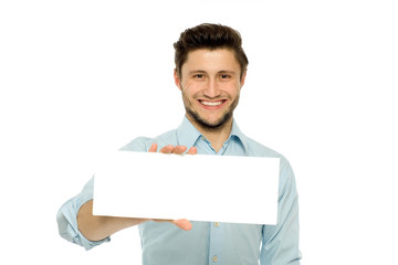 Man with blank poster