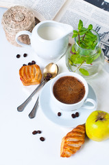 breakfast, coffee, pastries and fruits