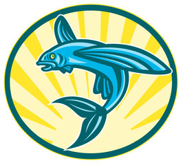 Flying Fish Jumping Retro Woodcut