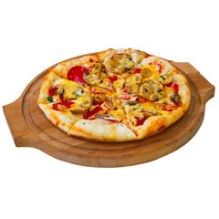 Appetizing pizza on a wooden trayisolated on white background (c