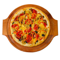 Appetizing pizza on wooden trayisolated on white background (cli