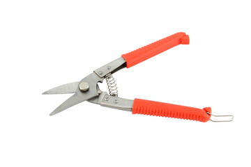 Fototapeta premium Opened plier for cut metal sheet on white background.