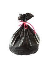 Black plastic garbage bag on white background.