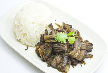 vegatarian fried meat (shitake mushroom's stipe) with sticky ric