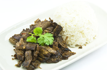 vegatarian fried meat (shitake mushroom's stipe) with sticky ric