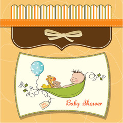 little boy sleeping in a pea been, baby announcement card