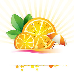 Slice orange with leaf and colored umbrellas