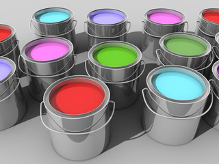 Paint buckets with various colored paint