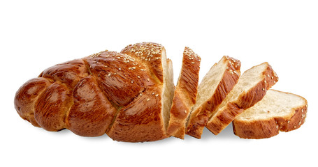 Long loaf sliced bread. Isolated on white