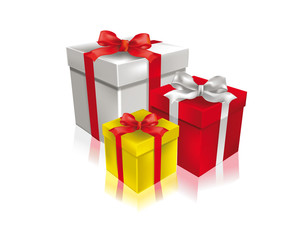 Cadeaux en 3D rouge, blanc et jaune