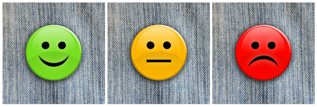 Smile / frown badges on denim