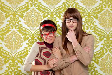 Funny humor nerd couple on vintage wallpaper