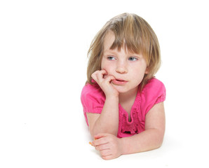 studio portrait of young pensive girl over white