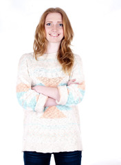 Young smiling happy woman portrait on white.