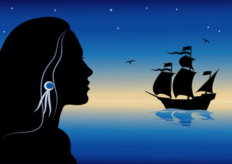 vector illustraion with girl and caravel
