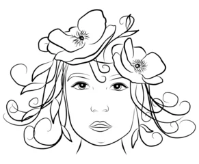 Cercles muraux Femme fleurs visage de jeune femme avec des coquelicots dans les cheveux, vecteur