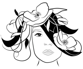 Sierkussen jonge vrouw gezicht met klaprozen in haar haar, vector © laurast