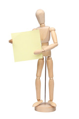 wood mannequin with a paper note over white