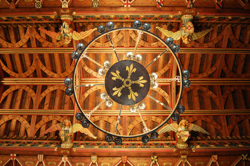 Chandeliers hanging from the celing inside Cardiff Castle, Wales