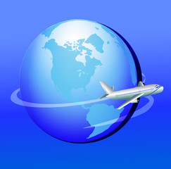 Fototapeta na wymiar plane flies around globe in journey