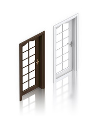 Wooden dark and white painted doors with windows.