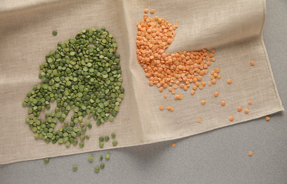 red and green lentils on a cloth napkin