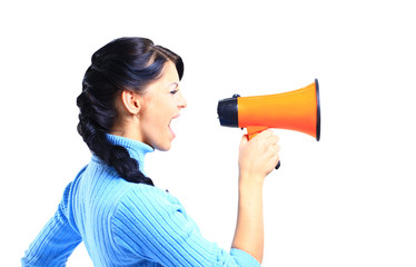 young woman speaking through megaphone