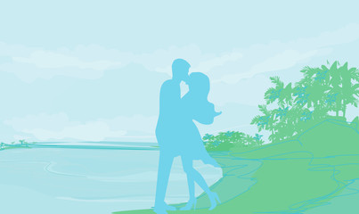 Obraz premium silhouette couple on tropical beach