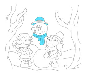 Art of Cartoon Kids with Snowman