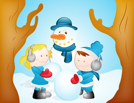 Kids Playing with Snowman